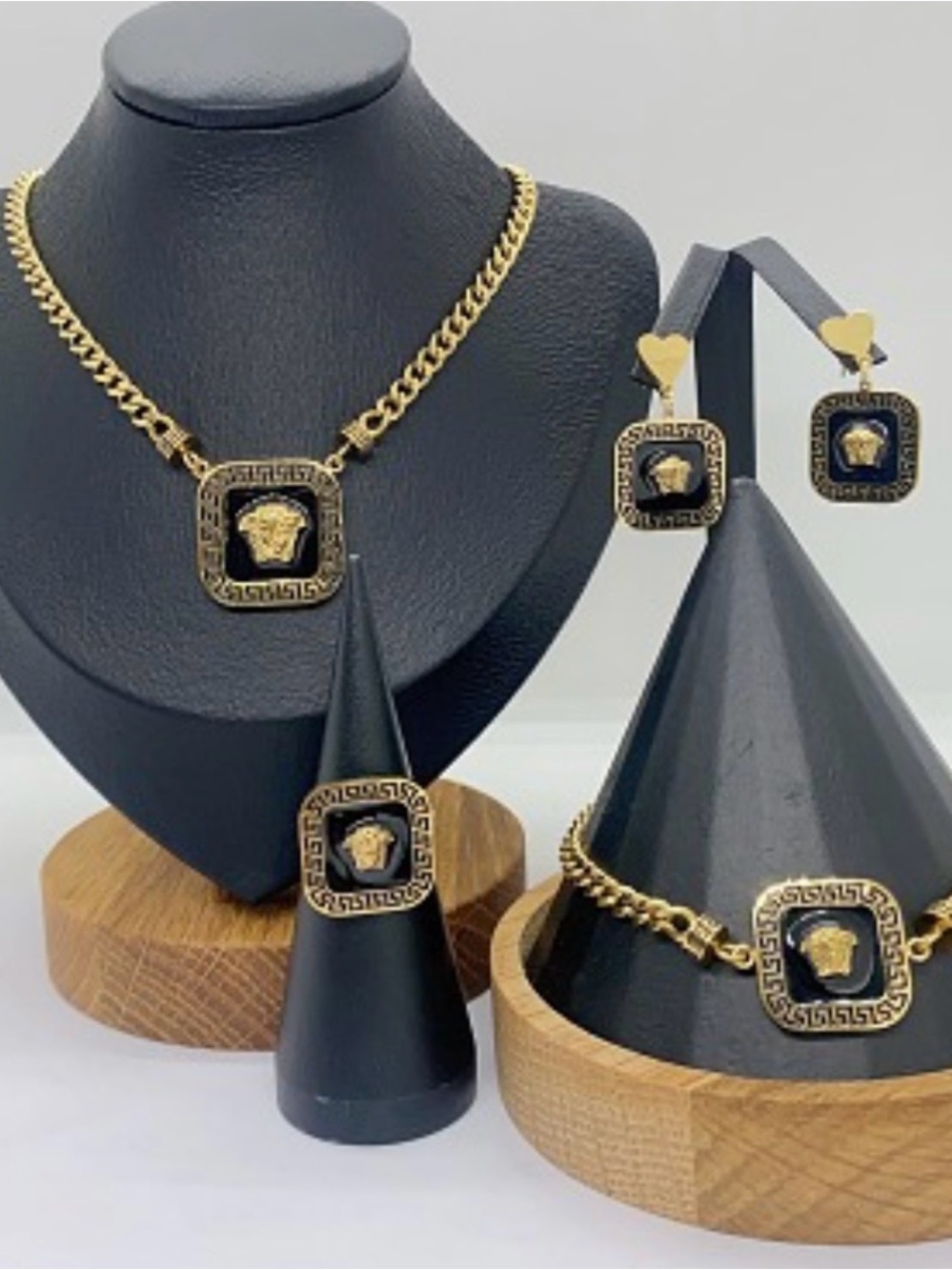 Gold-Tone Medallion Necklace & Earring Set with Black Enamel Accents